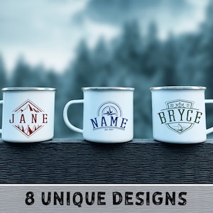 Custom Name Coffee Mug, Camping Tea Mug,, Holiday Mountain Print Mug, Inspirational Mug, 8 Unique Design Coffee Mugs