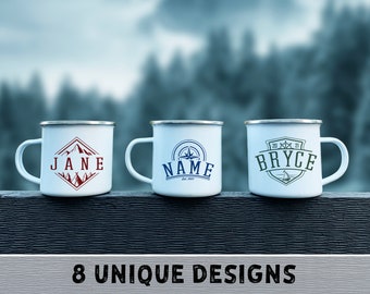 Custom Name Coffee Mug, Camping Tea Mug,, Holiday Mountain Print Mug, Inspirational Mug, 8 Unique Design Coffee Mugs