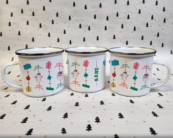 Personalized Christmas Wrapping Paper Enamel Mug - Custom Name - Merry Christmas Holiday Gift Mug