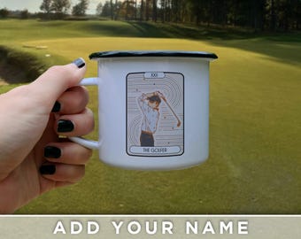 Personalized Tarot Mug – The Golfer | Custom Name Vintage Tarot Style Enamel Campfire Mug