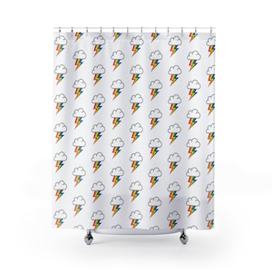 RAINBOW Lightning Bolt with Cloud on White Background - Shower Curtain