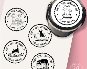Cats on Books Rubber Stamp: Custom Library Stamp