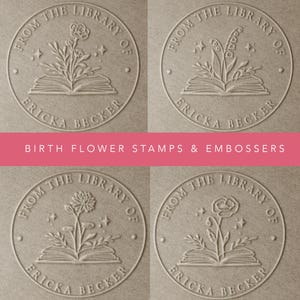 Embosseur de livre de fleurs de naissance, Tampon de livre personnalisé, Embosser personnalisé, Cadeau pour amoureux des livres, Cadeau pour enseignant, Design fleur et livre