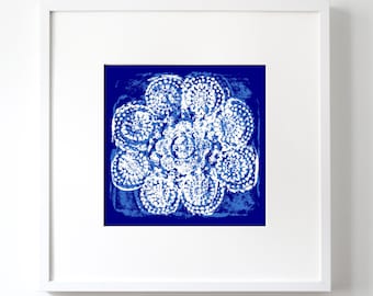 Bleu et blanc, Art mural imprimable, Textile, Broderie, Impression Numérique, Eclectique, Galerie Wall Inspiration, Square, Floral, Rubbing, Paire