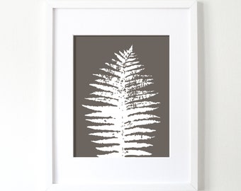 Fern Leaf, Printable Art, Botanical Print, Greige, Gray, White, Digital Download, Leaf Rubbings, Leaf Prints, Woodland, Modern, Wall Art