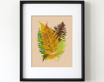 Colorful Fern Art, Modern, Printable Wall Art, Botanical Print, Green, Brown, Gold, Digital Download, Leaf Rubbings, Leaf Prints, Woodland