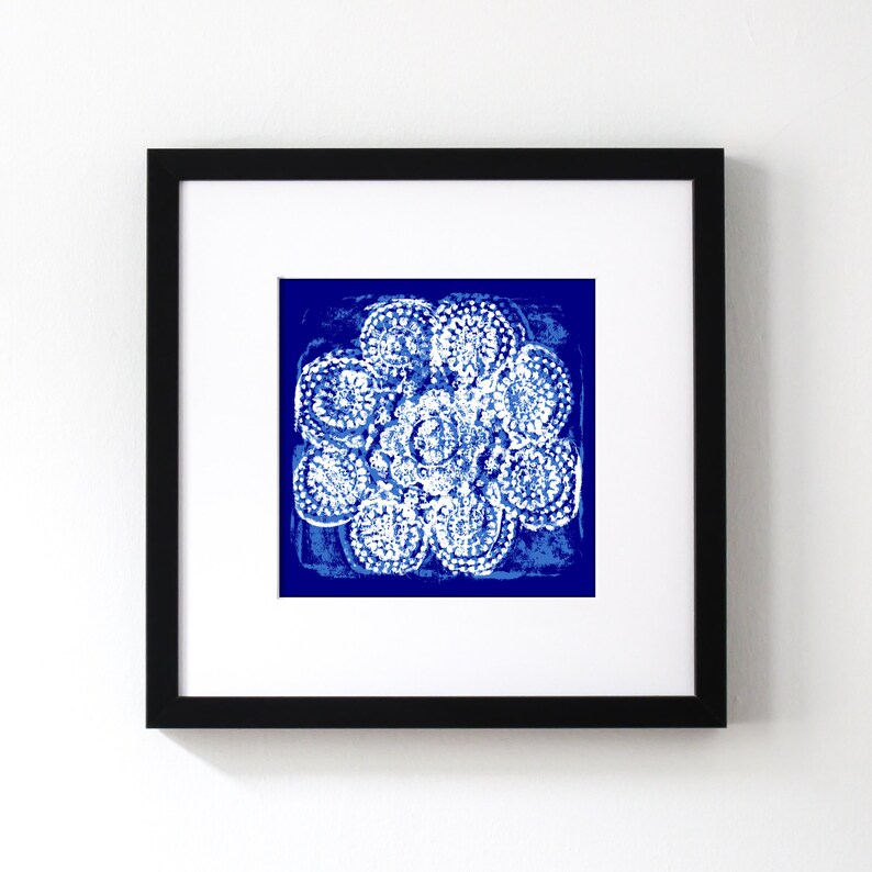 Blue and White, Printable Wall Art, Textile, Embroidery, Digital Print, Eclectic, Gallery Wall Inspiration, Square, Floral, Rubbing, Pair image 2