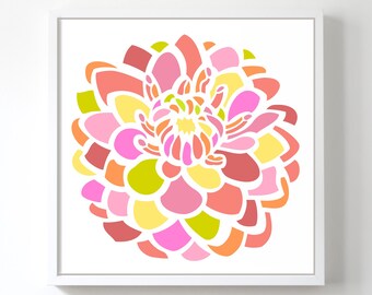 Pastel Colors, Printable Wall Art,  Digital Print, Danish, DIY, Decor, Floral, Flower, Eclectic, Pink, Yellow, Lime, Square, 30x30, 12x12