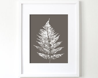 Fern Leaf, Printable Art, Botanical Print, Greige, Gray, White, Digital Download, Leaf Rubbings, Leaf Prints, Woodland, Modern, Wall Art