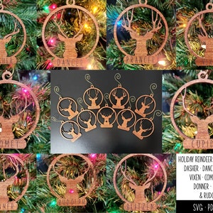 Op de afbeelding: Een set van 10 houten rendier ornamenten met namen zoals Dasher, Dancer, Prancer, Vixen, Comet, Cupid, Donner, Blitzen en Rudolph. De ornamenten zijn lasergesneden en klaar om te worden geschilderd of gebeitst.