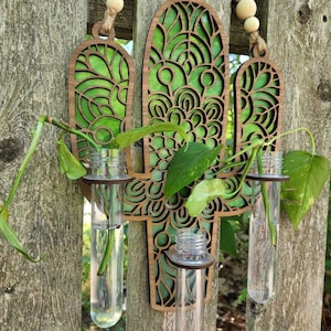 Op de afbeelding: Een houten cactus wanddecoratie met een groen mandala-ontwerp. De cactus heeft drie glazen reageerbuizen om kleine planten in te houden.