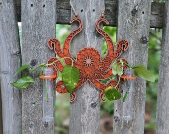 Double File! Laser Cut mandala Octopus Plant Propagation Station  / bud vase  and Sun Catcher - air plant holder - File only!
