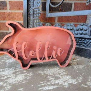 Op de afbeelding: Een roze houten spaarpot met een uitgesneden ontwerp en de naam "Hollie" erop.