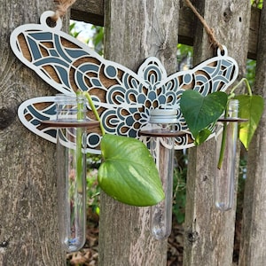 Op de afbeelding: Een houten libellen wanddecoratie met drie glazen reageerbuizen om kleine planten in te houden. De libel is geschilderd in grijstinten en bruin met ingewikkelde mandala-ontwerpen. De reageerbuizen zijn helder en hebben een zilveren deksel.