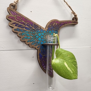 Op de afbeelding: Een houten kolibrie wanddecoratie met een kleurrijk mandala-ontwerp. Een heldere glazen reageerbuis is bevestigd aan de snavel van de kolibrie, en een groene plant met een enkel blad groeit in de buis.
