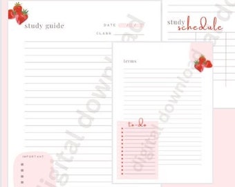 Afdrukbare studiegids, aardbei esthetisch schoolnotitieboekje gelinieerd papier, roze digitale download blanco studiegids, gemakkelijk cadeau voor studenten