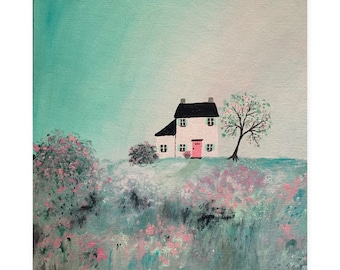 Spring to Life Cottage, Original Acrylic Art, 12 x 12, Cottage Art, Canvas Board, Cottage Landscape, Pastels