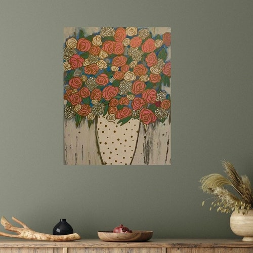 Ivory Vase Overflowing, Acrylic Art, 18 x 14, shops Flowers in Vase, Gold Outlining