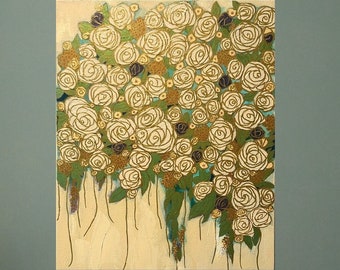 White Roses in Vase with Gold Art: Original Acrylic Painting on Canvas (20x16)