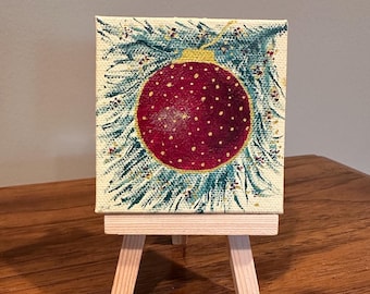 Tiny Red Ornament on Greenery, Tiny Acrylic Painting with Easel, 3" x 3" Canvas Art, Christmas Art