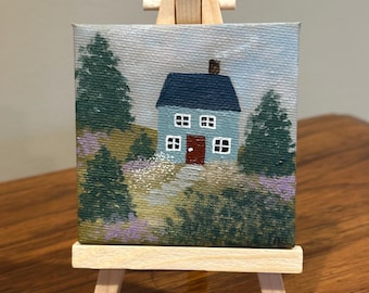 Tiny Blue Springtime Cottage, Tiny Acrylic Painting with Easel, 3" x 3" Canvas Art