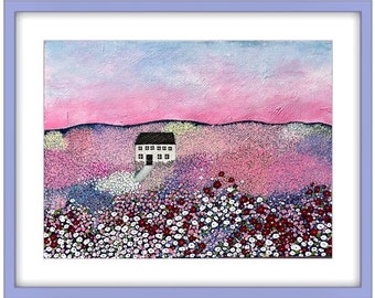 Blooming Meadow Cottage, Original Acrylic Art, Cottage Art, 16 x 12, Pink Flowers, Folk Art