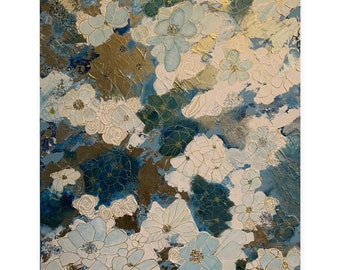 Only the Best For Her, Original Acrylic Art, 24 x 20, Luxurious Art, Flowers, Blue and Gold Art, Abstract Art, Canvas