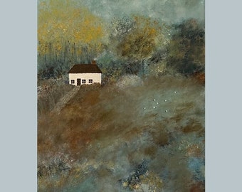 Highland Fling Cottage, Original Acrylic Art, Cottage Art, 20 x 16, Cottage, Folk Art, Scottish Landscape, Sheep