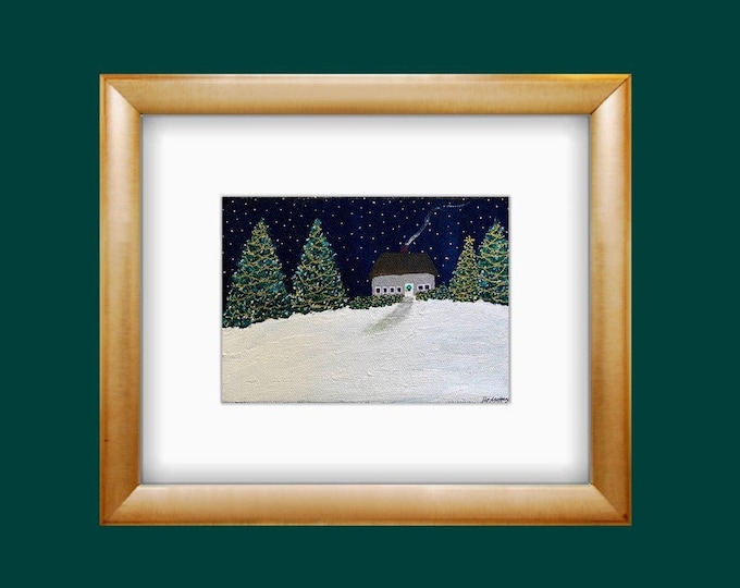Featured listing image: Cozy at Christmas Cottage, Original Acrylic Art, 5 x 7, Christmas, Gift, Winter, Snow, Canvas