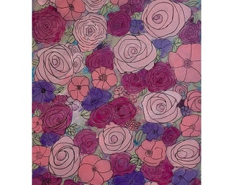 June, Original Acrylic Art, Floral Acrylic Art, 18 x 14, Pink and Purple, Flowers, Canvas