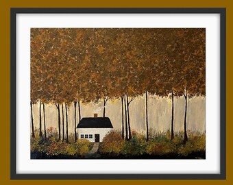 Fall Canopy Cottage, Original Acrylic Art, 24 x 18, Fall, Autumn, October Forest