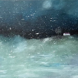Midwinter Cottage, Original Acrylic Art, 10 x 20, Cottage Landscape, Snow Painting