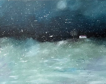 Midwinter Cottage, Original Acrylic Art, 10 x 20, Cottage Landscape, Snow Painting