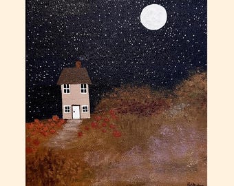 Full Moon Cottage, 8 x 8, Original Acrylic Art, Fall Landscape, Pumpkin Patch, Folk Art, October, Canvas, Halloween