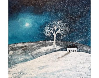 Under the Moon Winter Cottage, Original Acrylic Art, 8 x 8, Folk Art, January, Winter, Snow