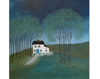 Among the Trees Cottage, 8 x 8, Original Acrylic Art, Moonlight, English Landscape, Trees, Folk Art