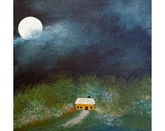 Spring Moon Cottage Cottage, Original Acrylic Art, Cottage Art, 8 x 8, Cottage, Springtime