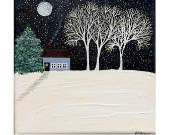 Silver Moon Christmas Cottage Folk Art: Original Acrylic Painting on Canvas (6x6)