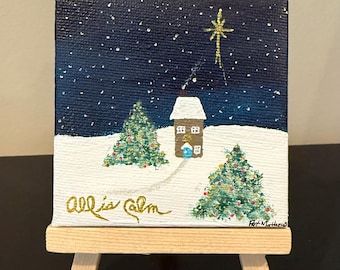 Tiny All is Calm Cottage Folk Art: Original Acrylic Painting 3" x 3" Canvas with Easel