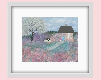 Spring is Sprung Cottage, Original Acrylic Art, Cottage Art, 8 x 10, Cottage Landscape, Folk Art, Pink and Blue