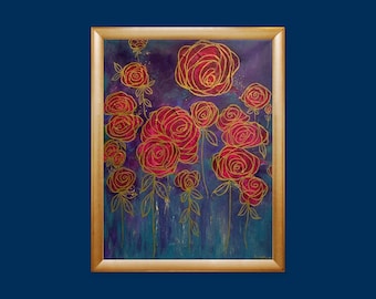 Roses are Red, Original Acrylic Art, 18 x 14, Floral Art, Roses, Red and Gold Art