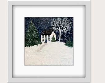 Christmas Magic Cottage Folk Art: Original Acrylic Painting on Canvas (6x6)