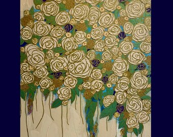 A Shower of White Roses, Original Acrylic Art, 20 x 16, Gold Detailing, Floral Art, Roses Art