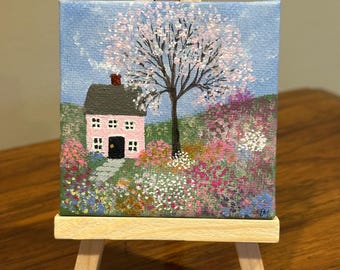 Tiny April Cottage, Tiny Acrylic Painting with Easel, 3" x 3" Canvas Art, Pastel Art, Flowers, April