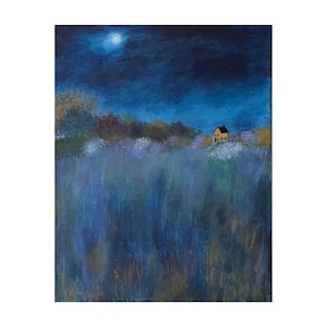 Midnight Blue Cottage, Original Acrylic Art, 14 x 18, Cottage Art, Landscape, Moonlight