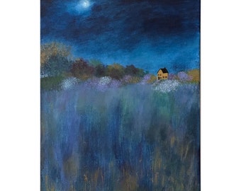 Midnight Blue Cottage, Original Acrylic Art, 14 x 18, Cottage Art, Landscape, Moonlight