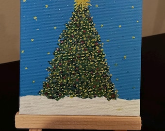 Tiny Christmas Tree on Blue, Tiny Acrylic Painting with Easel, (3" x 3”)