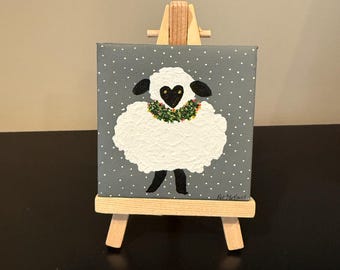 Tiny Sheep with Wreath, Tiny Acrylic Painting with Easel, 3" x 3" Canvas Art, Christmas Art