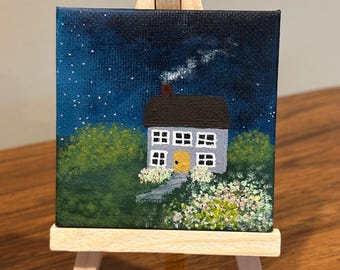 Tiny Grey Cottage with Yellow Door, Tiny Acrylic Painting with Easel, 3" x 3" Canvas Art