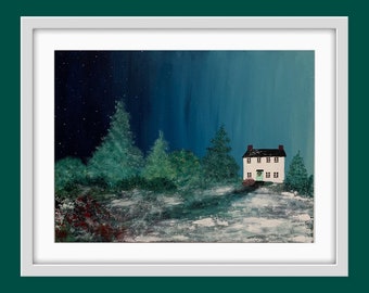 Holiday Magic Cottage, Original Acrylic Art, 24 x 18, Holiday, Folk Art, Christmas, Winter,  Landscape, Snow, Canvas